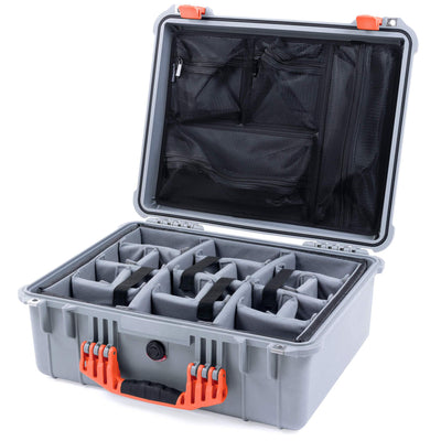 Pelican 1550 Case, Silver with Orange Handle & Latches Gray Padded Microfiber Dividers with Mesh Lid Organizer ColorCase 015500-0170-180-150