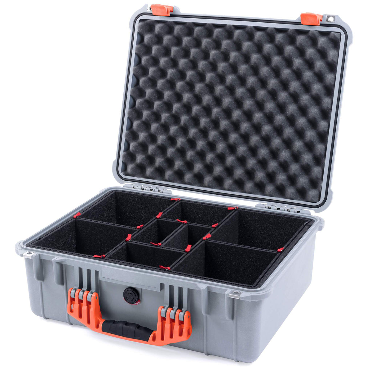 Pelican 1550 Case, Silver with Orange Handle &amp; Latches TrekPak Divider System with Convolute Lid Foam ColorCase 015500-0020-180-150
