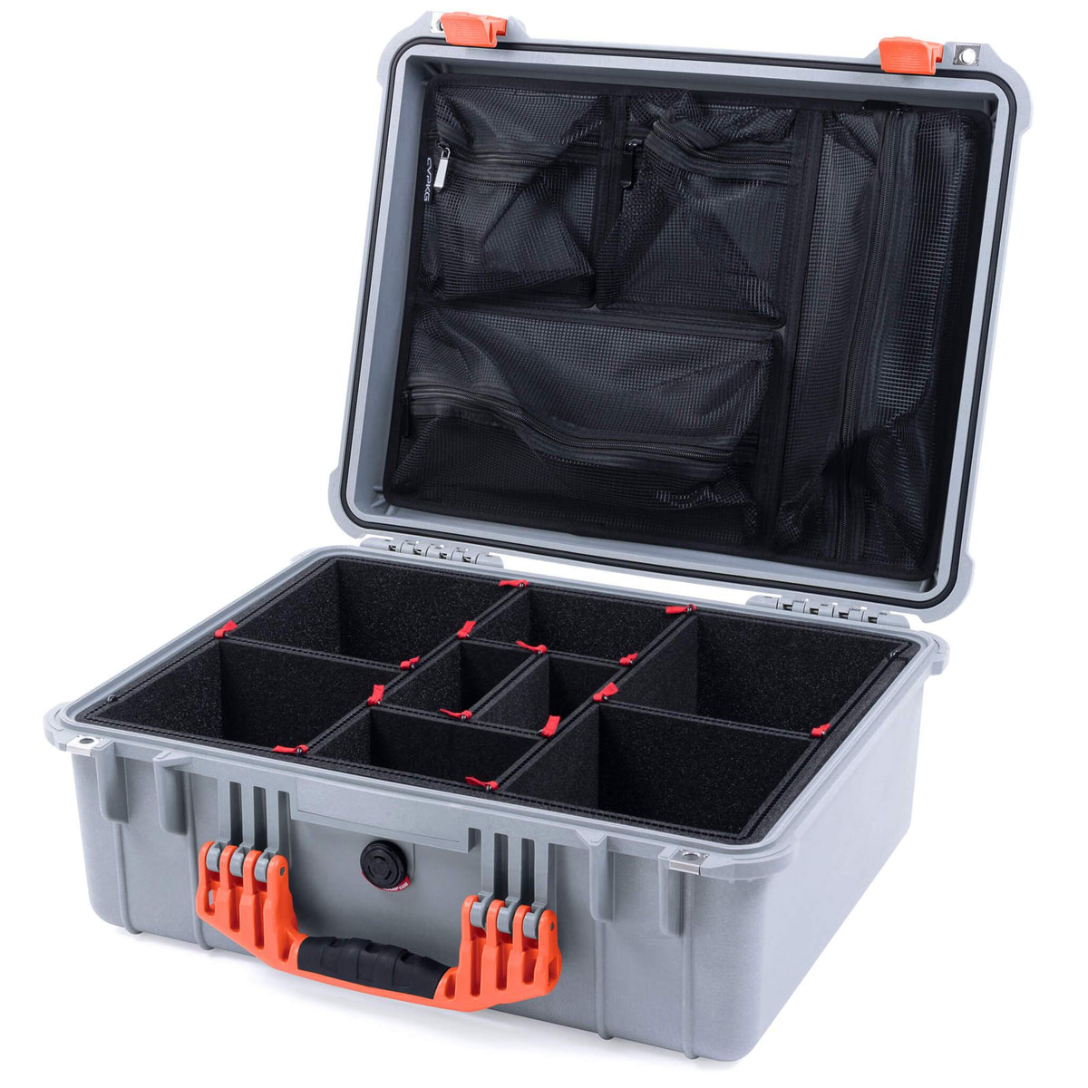 Pelican 1550 Case, Silver with Orange Handle &amp; Latches TrekPak Divider System with Mesh Lid Organizer ColorCase 015500-0120-180-150