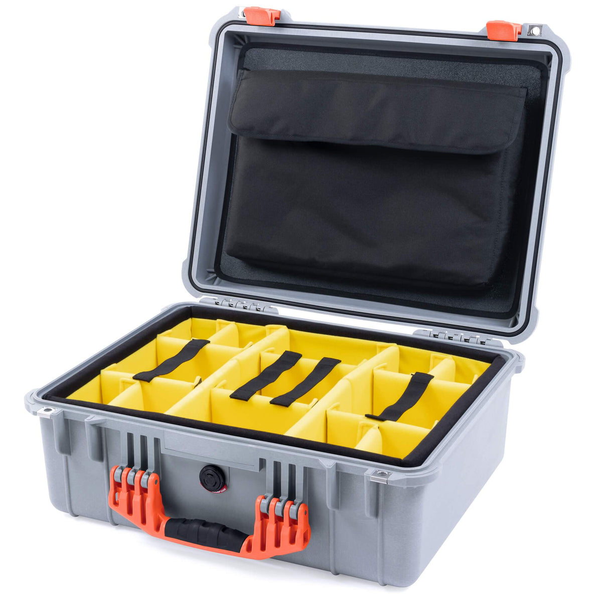 Pelican 1550 Case, Silver with Orange Handle &amp; Latches Yellow Padded Microfiber Dividers with Computer Pouch ColorCase 015500-0210-180-150