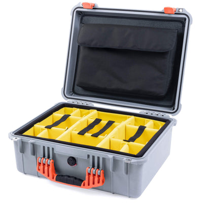 Pelican 1550 Case, Silver with Orange Handle & Latches Yellow Padded Microfiber Dividers with Computer Pouch ColorCase 015500-0210-180-150