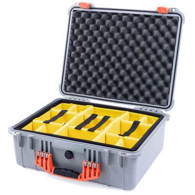 Pelican 1550 Case, Silver with Orange Handle & Latches Yellow Padded Microfiber Dividers with Convolute Lid Foam ColorCase 015500-0010-180-150