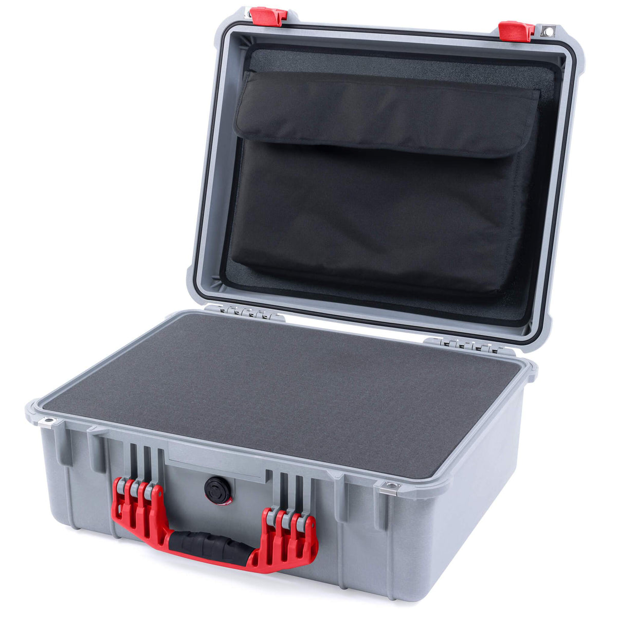 Pelican 1550 Case, Silver with Red Handle &amp; Latches Pick &amp; Pluck Foam with Computer Pouch ColorCase 015500-0201-180-320