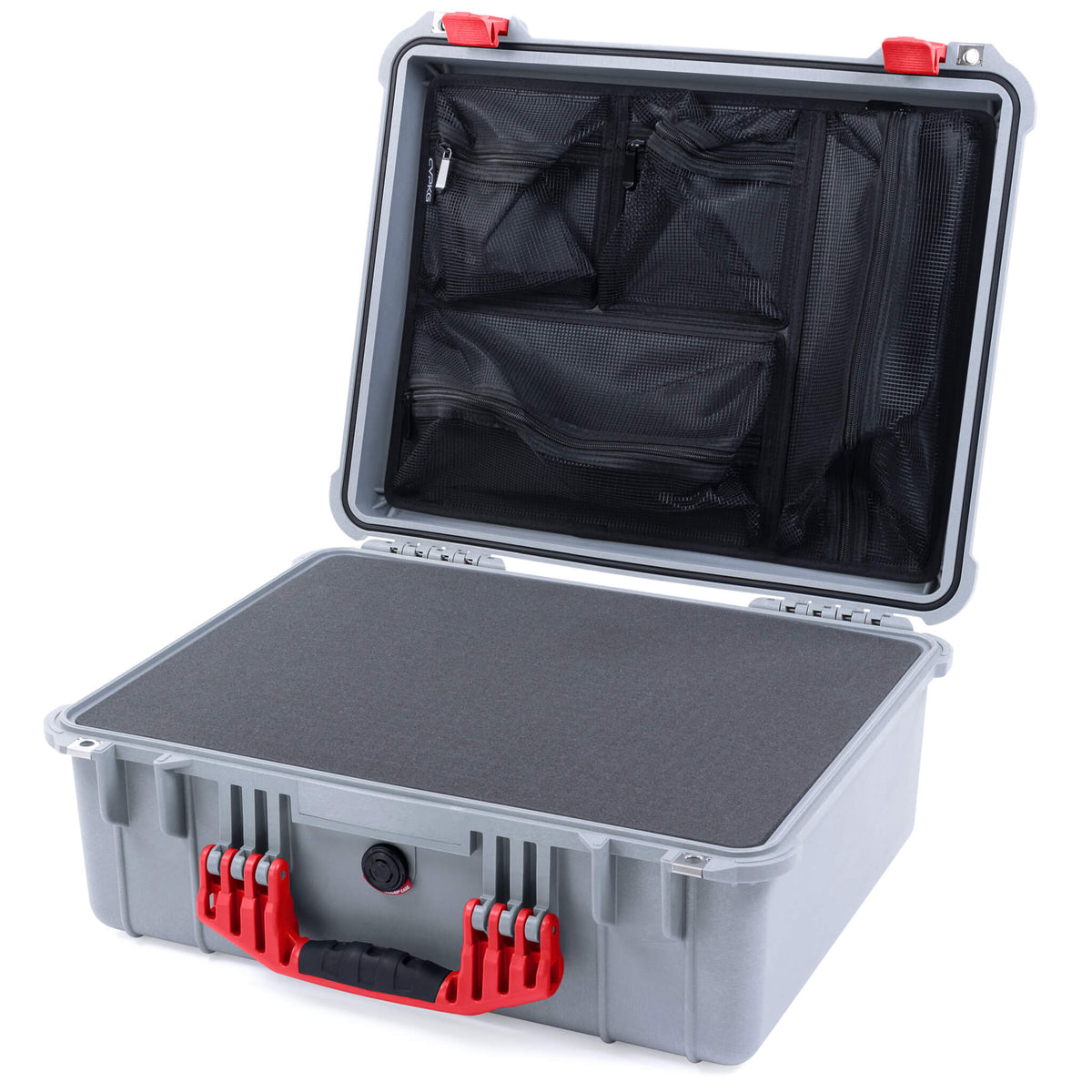 Pelican 1550 Case, Silver with Red Handle &amp; Latches Pick &amp; Pluck Foam with Mesh Lid Organizer ColorCase 015500-0101-180-320