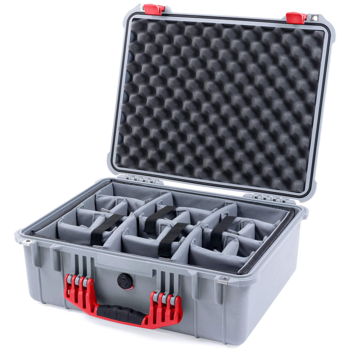 Pelican 1550 Case, Silver with Red Handle &amp; Latches Gray Padded Microfiber Dividers with Convolute Lid Foam ColorCase 015500-0070-180-320