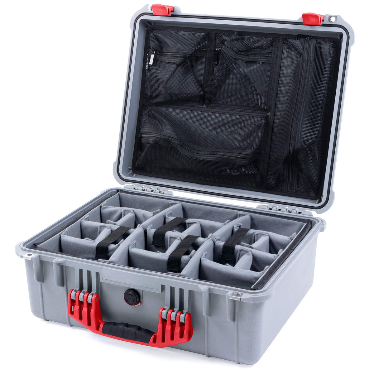 Pelican 1550 Case, Silver with Red Handle &amp; Latches Gray Padded Microfiber Dividers with Mesh Lid Organizer ColorCase 015500-0170-180-320
