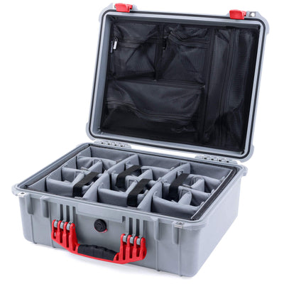 Pelican 1550 Case, Silver with Red Handle & Latches Gray Padded Microfiber Dividers with Mesh Lid Organizer ColorCase 015500-0170-180-320