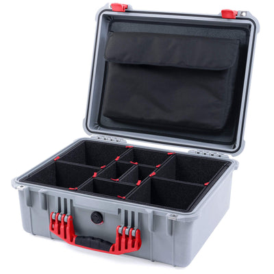 Pelican 1550 Case, Silver with Red Handle & Latches TrekPak Divider System with Computer Pouch ColorCase 015500-0220-180-320