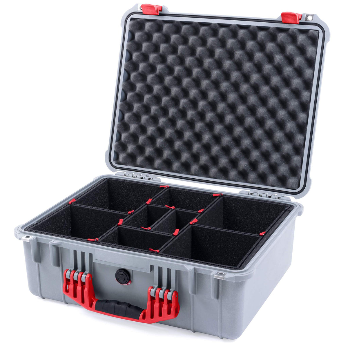 Pelican 1550 Case, Silver with Red Handle &amp; Latches TrekPak Divider System with Convolute Lid Foam ColorCase 015500-0020-180-320