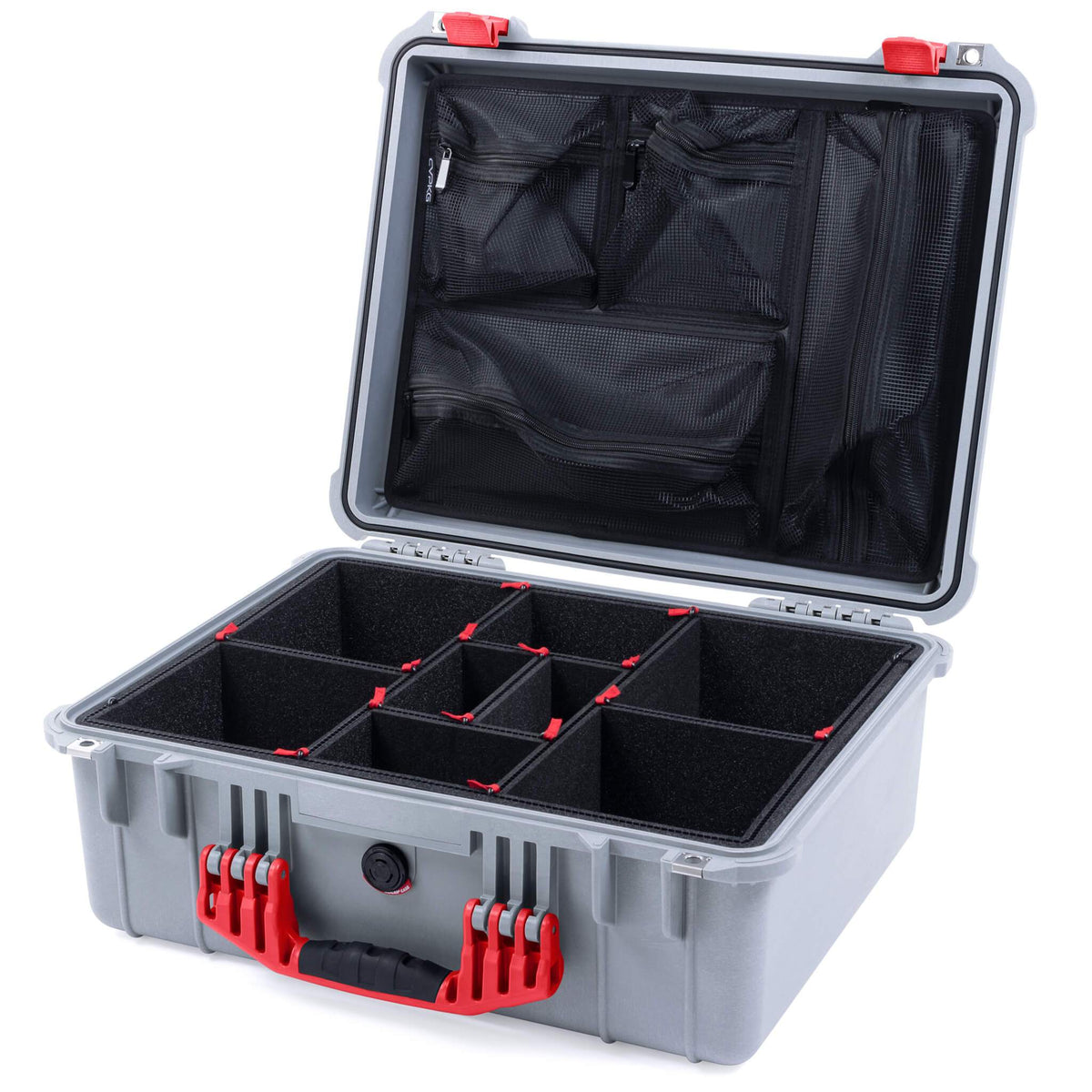 Pelican 1550 Case, Silver with Red Handle &amp; Latches TrekPak Divider System with Mesh Lid Organizer ColorCase 015500-0120-180-320