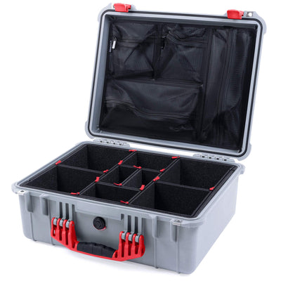 Pelican 1550 Case, Silver with Red Handle & Latches TrekPak Divider System with Mesh Lid Organizer ColorCase 015500-0120-180-320