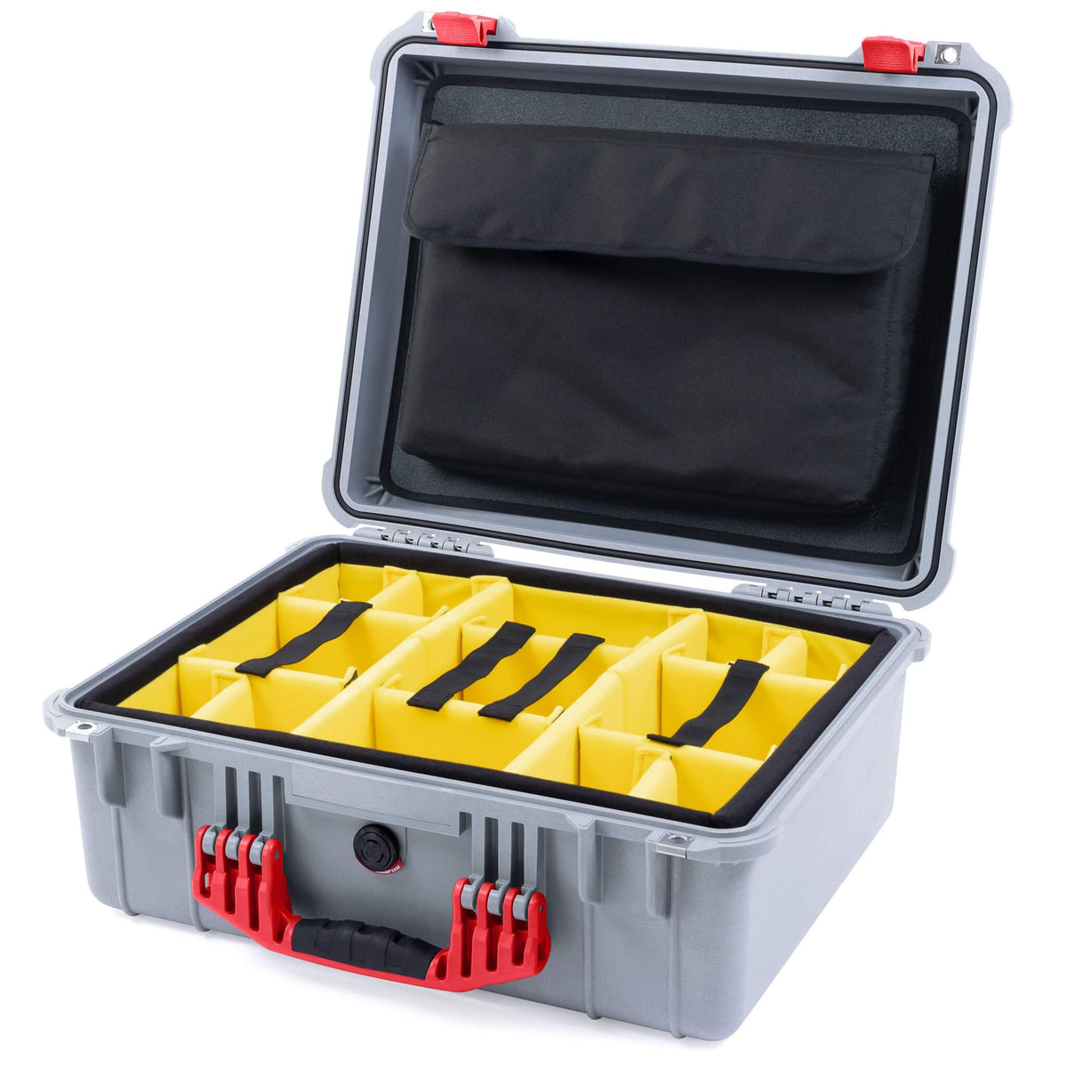 Pelican 1550 Case, Silver with Red Handle &amp; Latches Yellow Padded Microfiber Dividers with Computer Pouch ColorCase 015500-0210-180-320