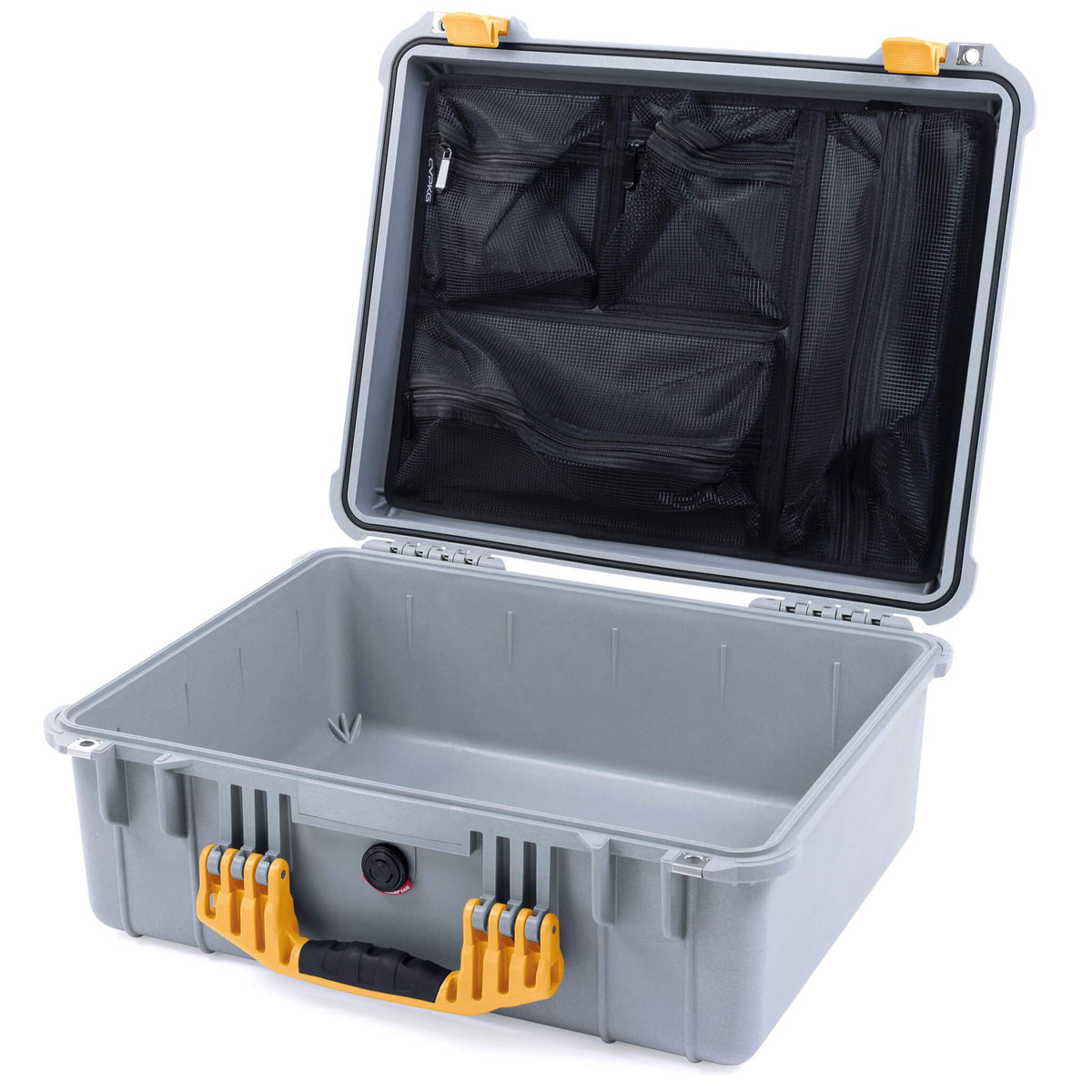 Pelican 1550 Case, Silver with Yellow Handle &amp; Latches Mesh Lid Organizer Only ColorCase 015500-0100-180-240