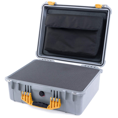 Pelican 1550 Case, Silver with Yellow Handle & Latches Pick & Pluck Foam with Computer Pouch ColorCase 015500-0201-180-240