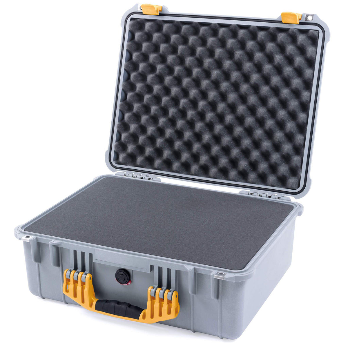 Pelican 1550 Case, Silver with Yellow Handle &amp; Latches Pick &amp; Pluck Foam with Convolute Lid Foam ColorCase 015500-0001-180-240