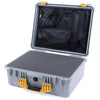 Pelican 1550 Case, Silver with Yellow Handle & Latches Pick & Pluck Foam with Mesh Lid Organizer ColorCase 015500-0101-180-240