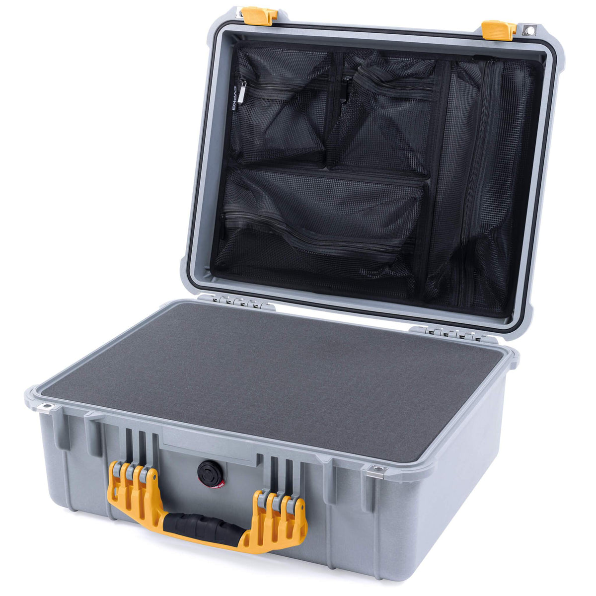 Pelican 1550 Case, Silver with Yellow Handle &amp; Latches Pick &amp; Pluck Foam with Mesh Lid Organizer ColorCase 015500-0101-180-240