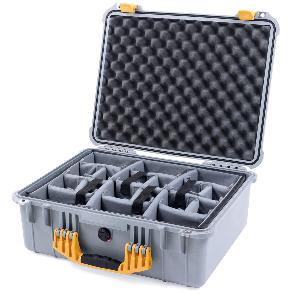 Pelican 1550 Case, Silver with Yellow Handle &amp; Latches Gray Padded Microfiber Dividers with Convolute Lid Foam ColorCase 015500-0070-180-240