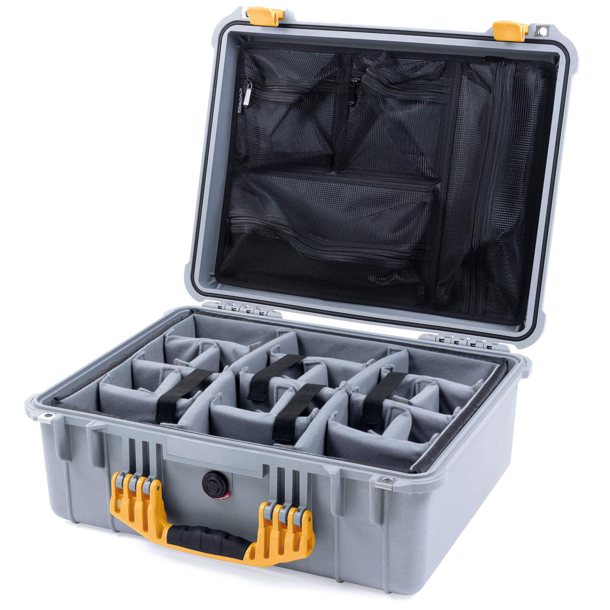 Pelican 1550 Case, Silver with Yellow Handle &amp; Latches Gray Padded Microfiber Dividers with Mesh Lid Organizer ColorCase 015500-0170-180-240