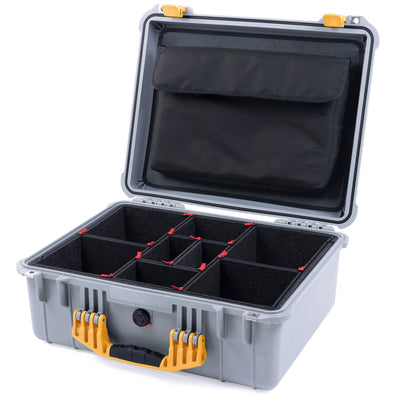 Pelican 1550 Case, Silver with Yellow Handle & Latches TrekPak Divider System with Computer Pouch ColorCase 015500-0220-180-240