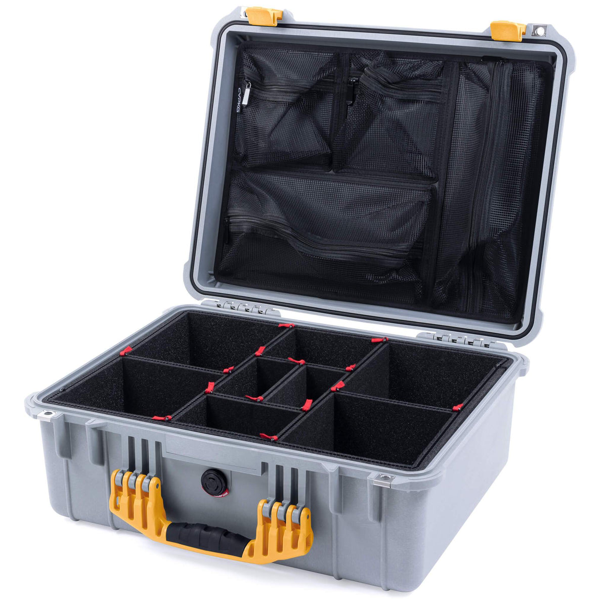 Pelican 1550 Case, Silver with Yellow Handle &amp; Latches TrekPak Divider System with Mesh Lid Organizer ColorCase 015500-0120-180-240