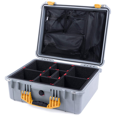 Pelican 1550 Case, Silver with Yellow Handle & Latches TrekPak Divider System with Mesh Lid Organizer ColorCase 015500-0120-180-240