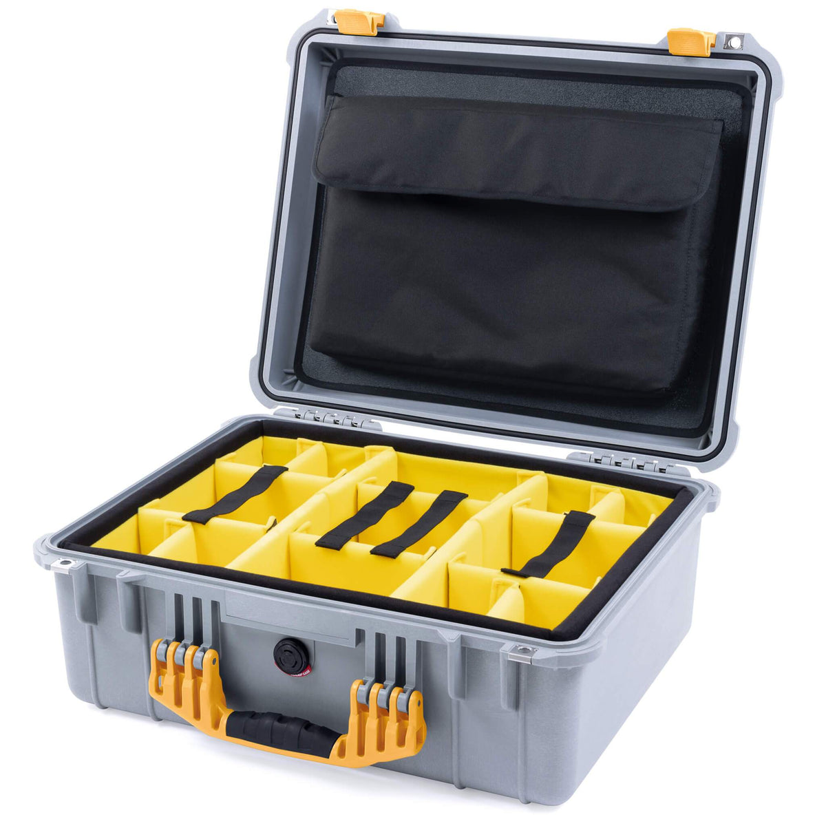 Pelican 1550 Case, Silver with Yellow Handle &amp; Latches Yellow Padded Microfiber Dividers with Computer Pouch ColorCase 015500-0210-180-240