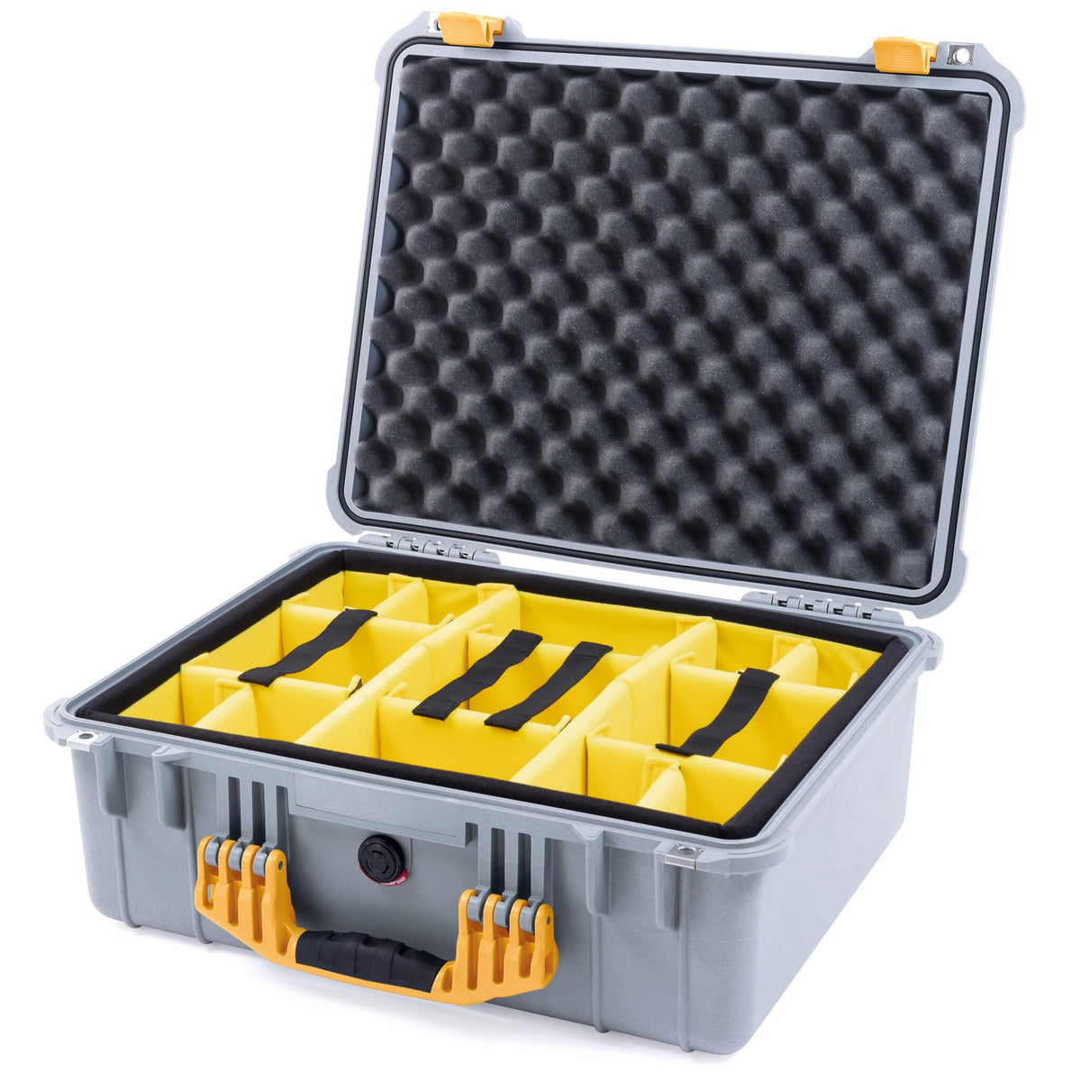 Pelican 1550 Case, Silver with Yellow Handle &amp; Latches Yellow Padded Microfiber Dividers with Convolute Lid Foam ColorCase 015500-0010-180-240