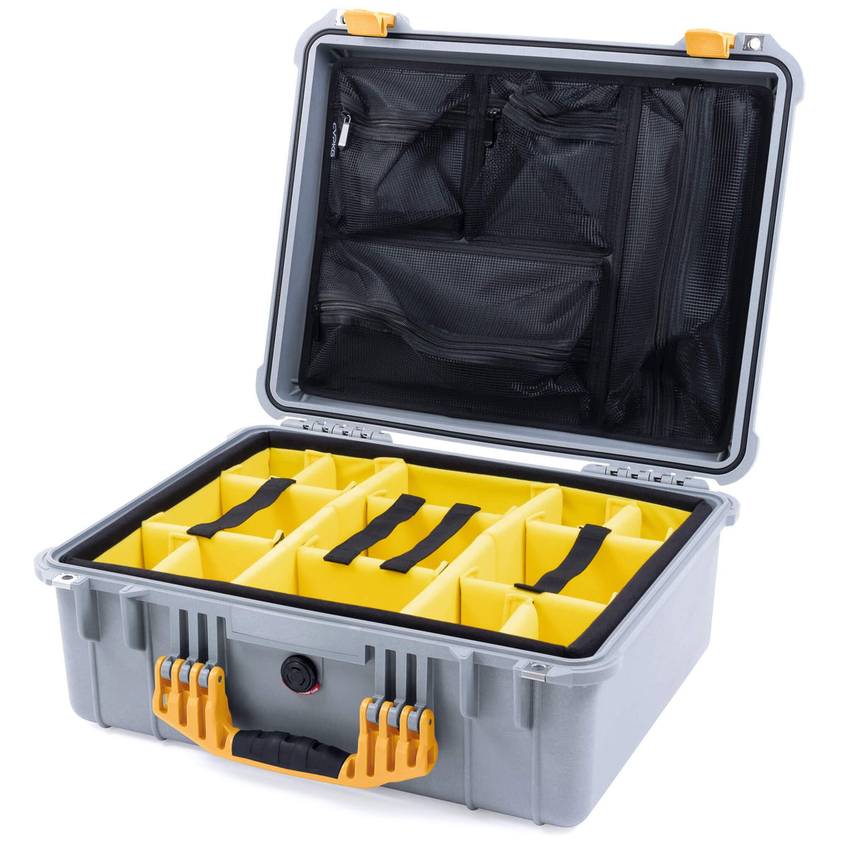 Pelican 1550 Case, Silver with Yellow Handle &amp; Latches Yellow Padded Microfiber Dividers with Mesh Lid Organizer ColorCase 015500-0110-180-240