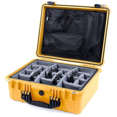 Pelican 1550 Case, Yellow with Black Handle & Latches Gray Padded Microfiber Dividers with Mesh Lid Organizer ColorCase 015500-0170-240-110