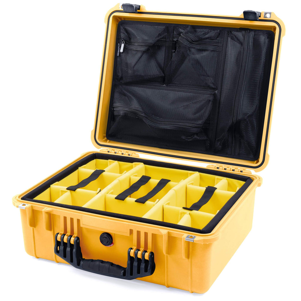 Pelican 1550 Case, Yellow with Black Handle &amp; Latches Yellow Padded Microfiber Dividers with Mesh Lid Organizer ColorCase 015500-0110-240-110