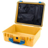 Pelican 1550 Case, Yellow with Blue Handle & Latches Mesh Lid Organizer Only ColorCase 015500-0100-240-120