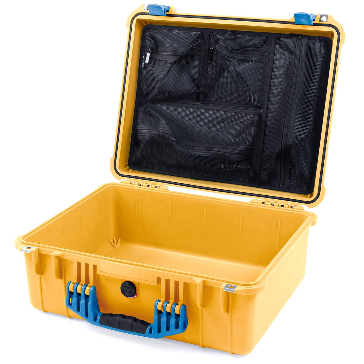 Pelican 1550 Case, Yellow with Blue Handle &amp; Latches Mesh Lid Organizer Only ColorCase 015500-0100-240-120