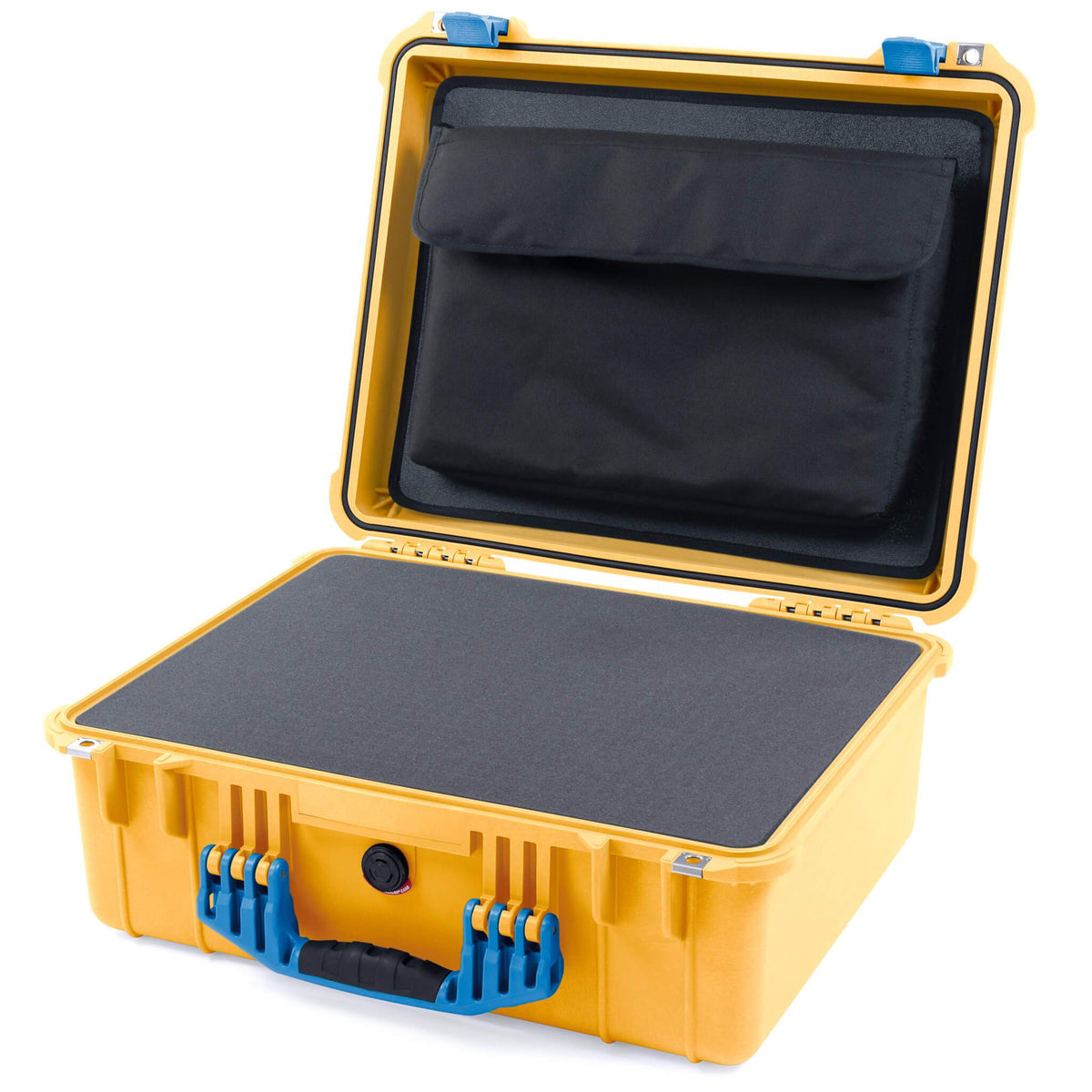 Pelican 1550 Case, Yellow with Blue Handle &amp; Latches Pick &amp; Pluck Foam with Computer Pouch ColorCase 015500-0201-240-120