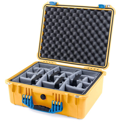 Pelican 1550 Case, Yellow with Blue Handle & Latches Gray Padded Microfiber Dividers with Convolute Lid Foam ColorCase 015500-0070-240-120
