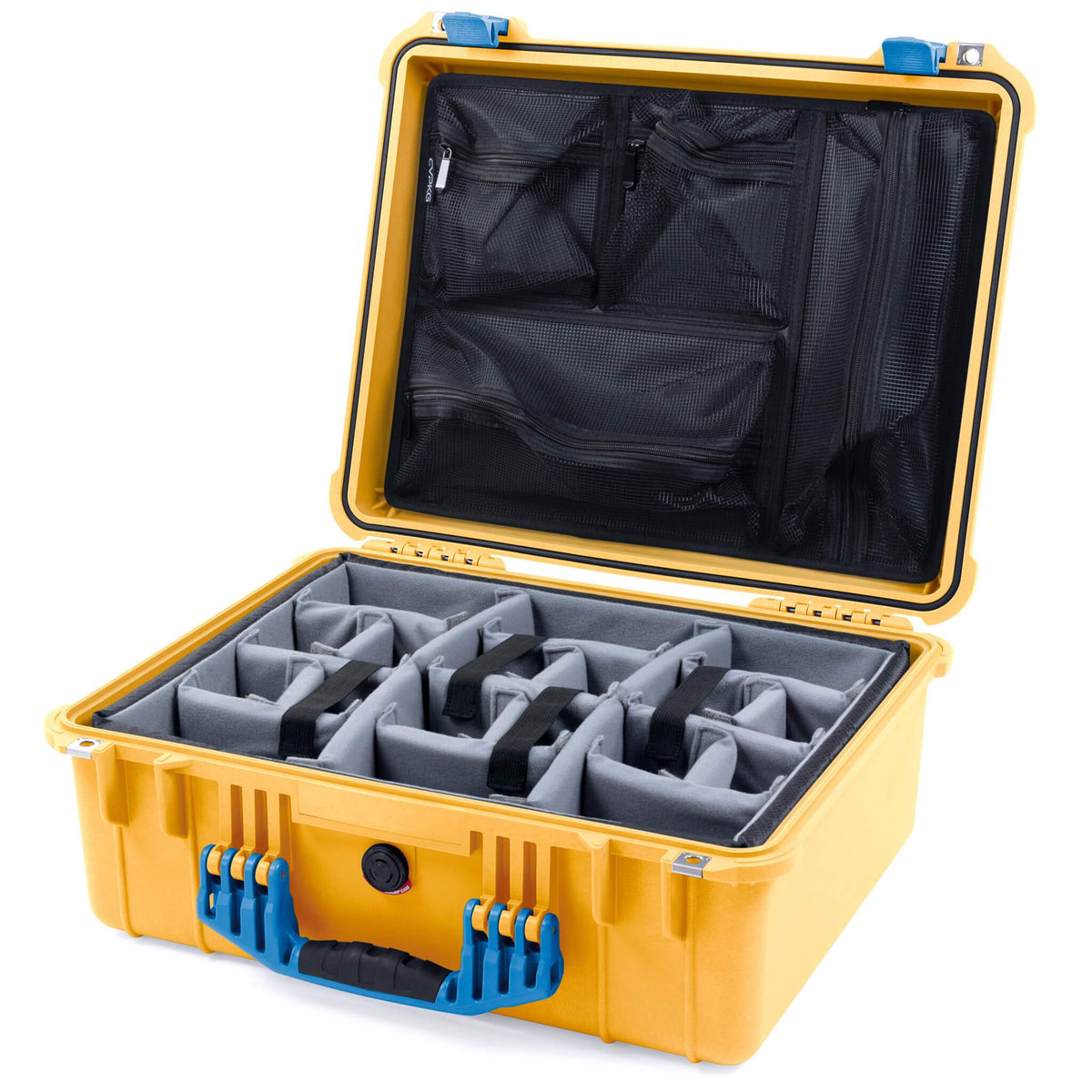 Pelican 1550 Case, Yellow with Blue Handle &amp; Latches Gray Padded Microfiber Dividers with Mesh Lid Organizer ColorCase 015500-0170-240-120