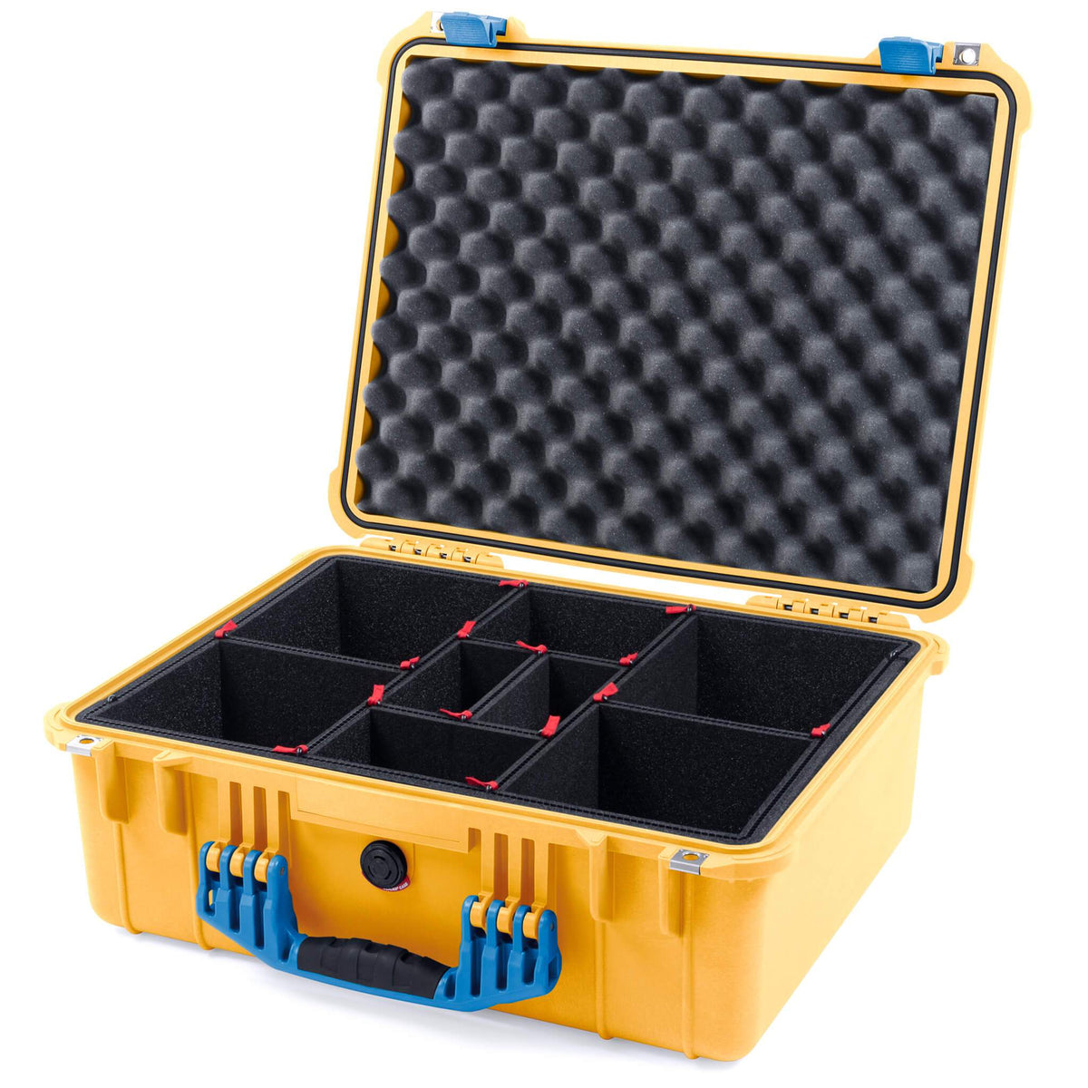 Pelican 1550 Case, Yellow with Blue Handle &amp; Latches TrekPak Divider System with Convolute Lid Foam ColorCase 015500-0020-240-120