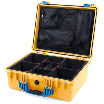 Pelican 1550 Case, Yellow with Blue Handle & Latches TrekPak Divider System with Mesh Lid Organizer ColorCase 015500-0120-240-120