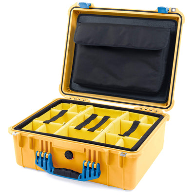 Pelican 1550 Case, Yellow with Blue Handle & Latches Yellow Padded Microfiber Dividers with Computer Pouch ColorCase 015500-0210-240-120