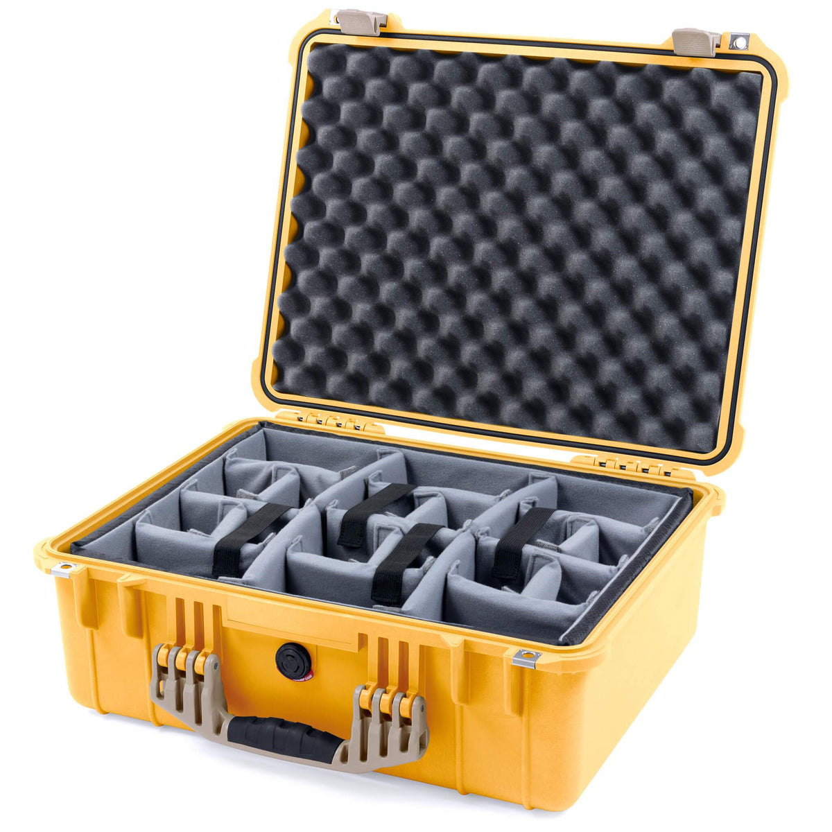 Pelican 1550 Case, Yellow with Desert Tan Handle &amp; Latches Gray Padded Microfiber Dividers with Convolute Lid Foam ColorCase 015500-0070-240-310