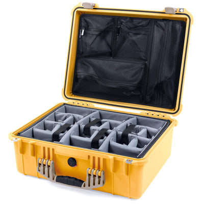 Pelican 1550 Case, Yellow with Desert Tan Handle & Latches Gray Padded Microfiber Dividers with Mesh Lid Organizer ColorCase 015500-0170-240-310
