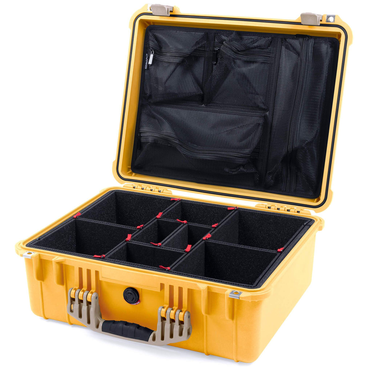 Pelican 1550 Case, Yellow with Desert Tan Handle &amp; Latches TrekPak Divider System with Mesh Lid Organizer ColorCase 015500-0120-240-310