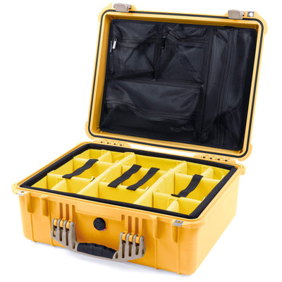 Pelican 1550 Case, Yellow with Desert Tan Handle & Latches Yellow Padded Microfiber Dividers with Mesh Lid Organizer ColorCase 015500-0110-240-310