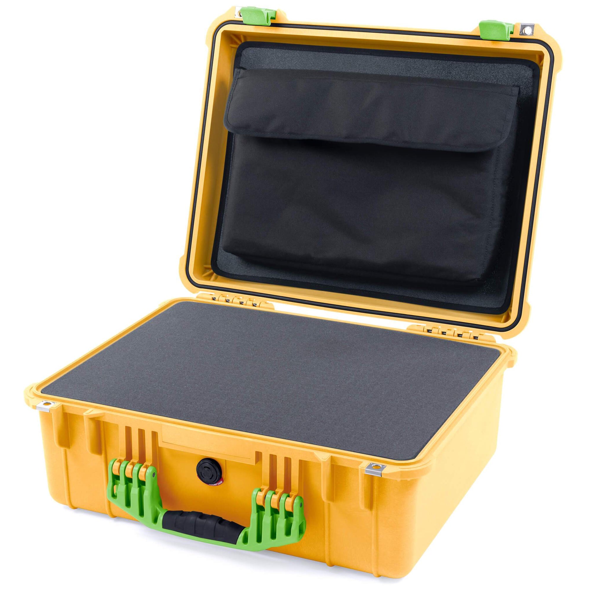 Pelican 1550 Case, Yellow with Lime Green Handle & Latches Pick & Pluck Foam with Computer Pouch ColorCase 015500-0201-240-300
