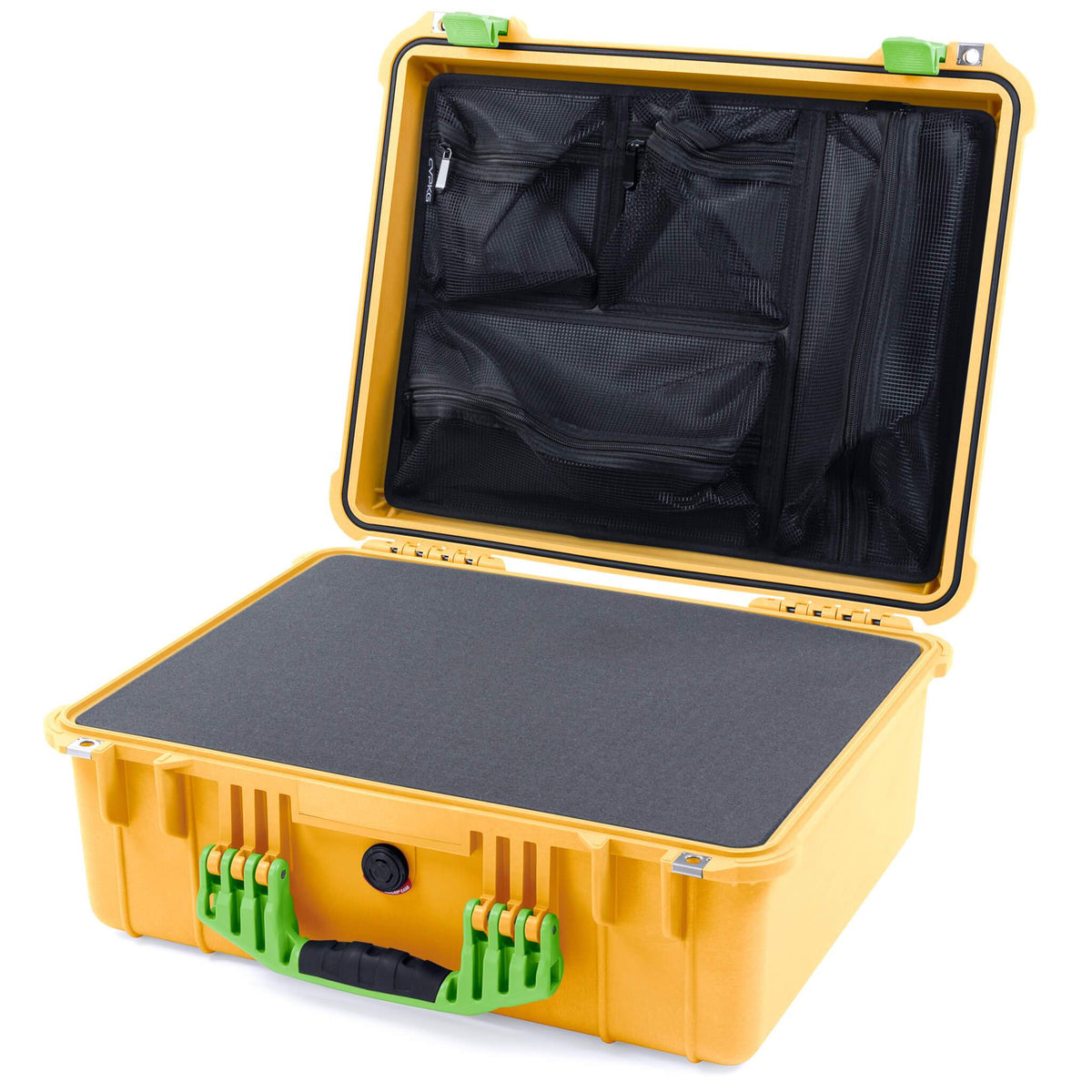 Pelican 1550 Case, Yellow with Lime Green Handle &amp; Latches Pick &amp; Pluck Foam with Mesh Lid Organizer ColorCase 015500-0101-240-300
