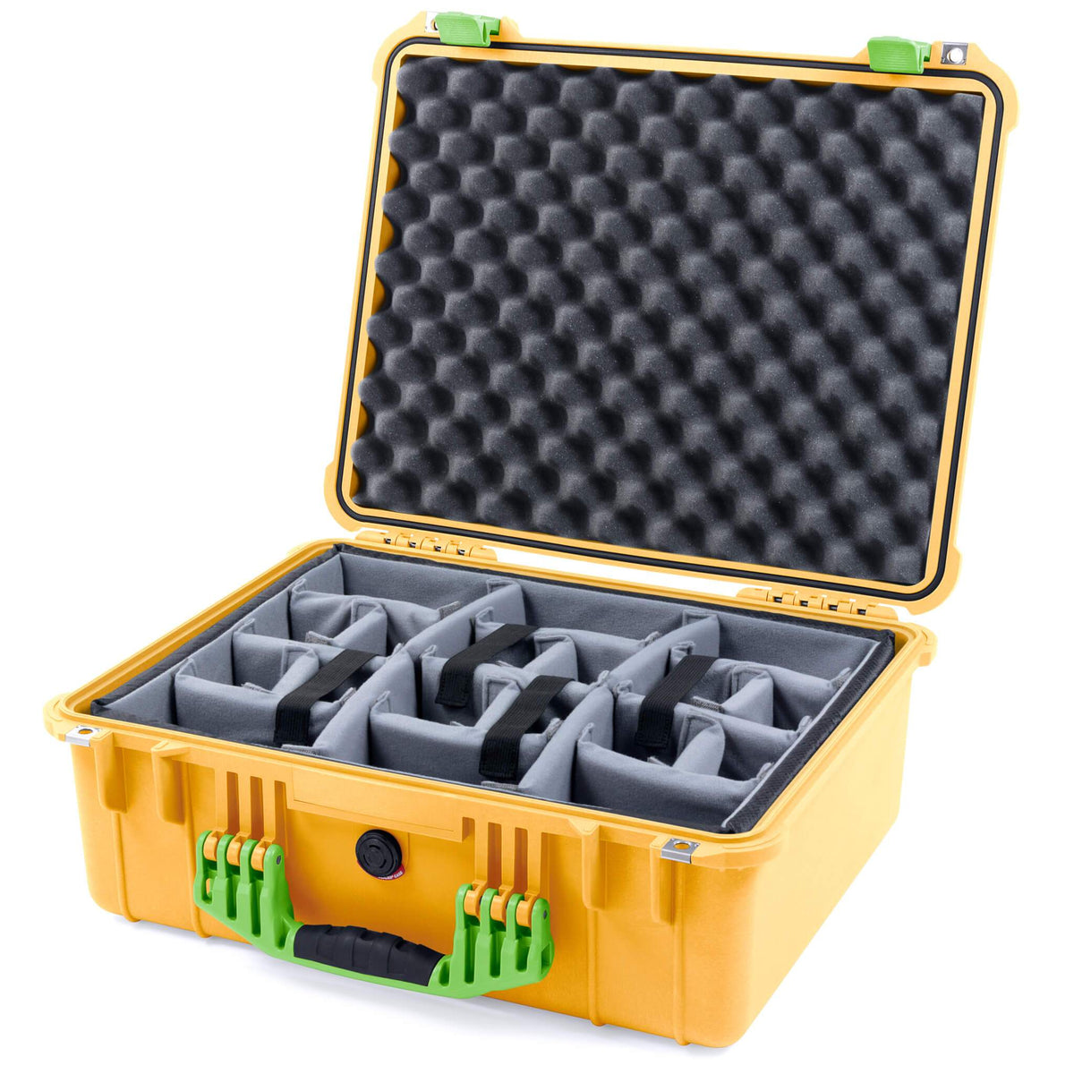 Pelican 1550 Case, Yellow with Lime Green Handle &amp; Latches Gray Padded Microfiber Dividers with Convolute Lid Foam ColorCase 015500-0070-240-300