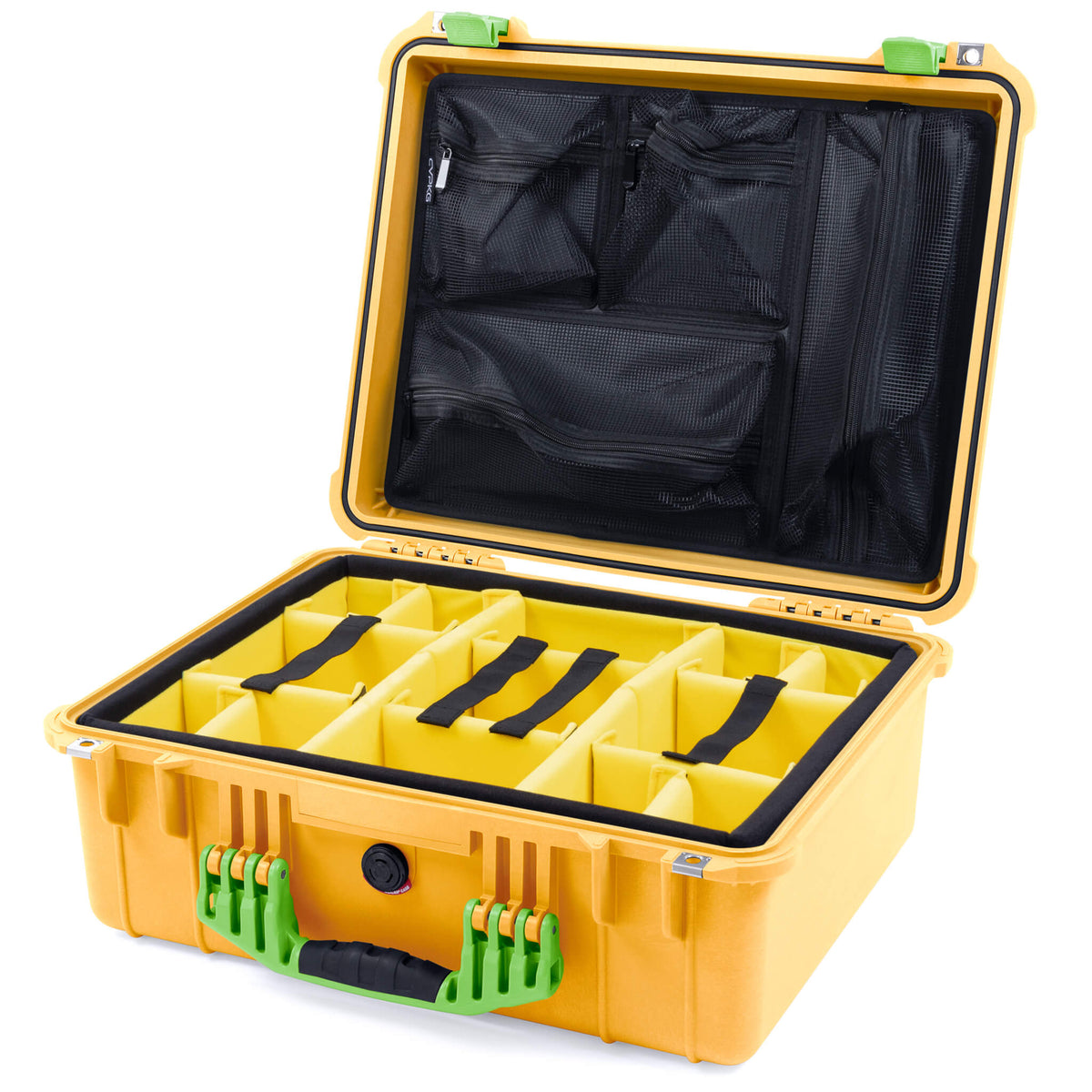 Pelican 1550 Case, Yellow with Lime Green Handle &amp; Latches Yellow Padded Microfiber Dividers with Mesh Lid Organizer ColorCase 015500-0110-240-300