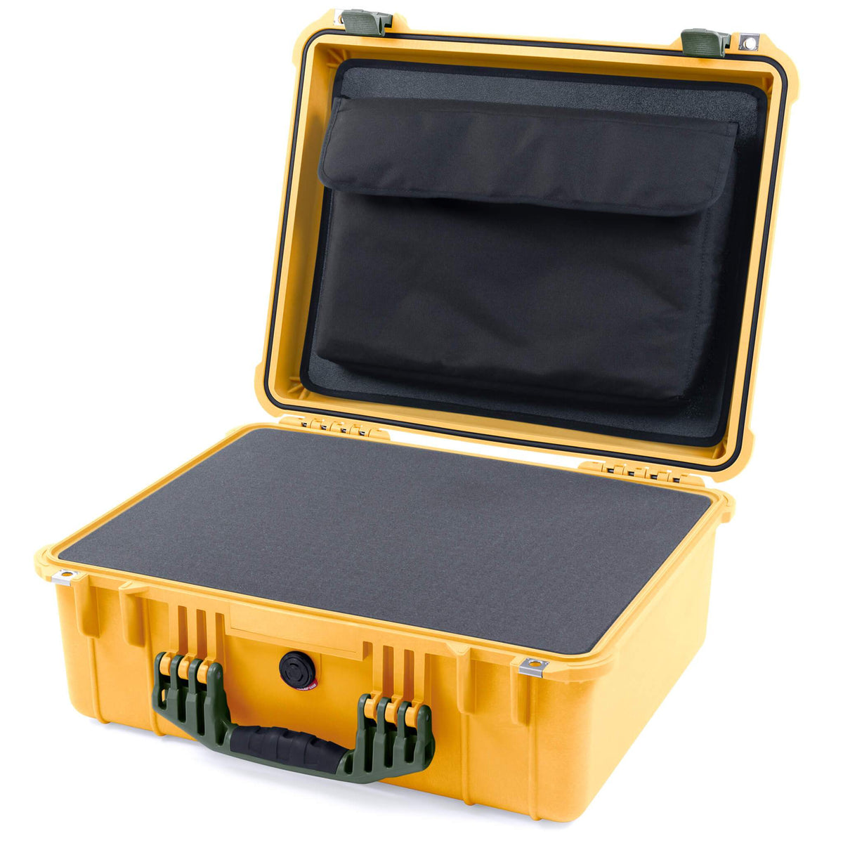 Pelican 1550 Case, Yellow with OD Green Handle &amp; Latches Pick &amp; Pluck Foam with Computer Pouch ColorCase 015500-0201-240-130