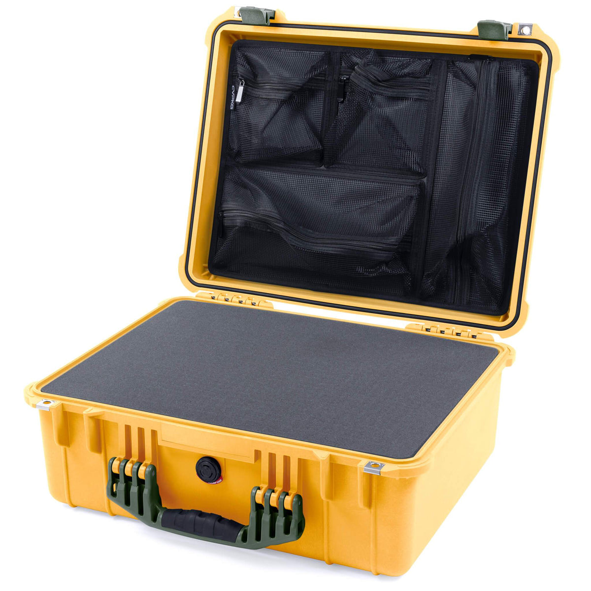 Pelican 1550 Case, Yellow with OD Green Handle &amp; Latches Pick &amp; Pluck Foam with Mesh Lid Organizer ColorCase 015500-0101-240-130