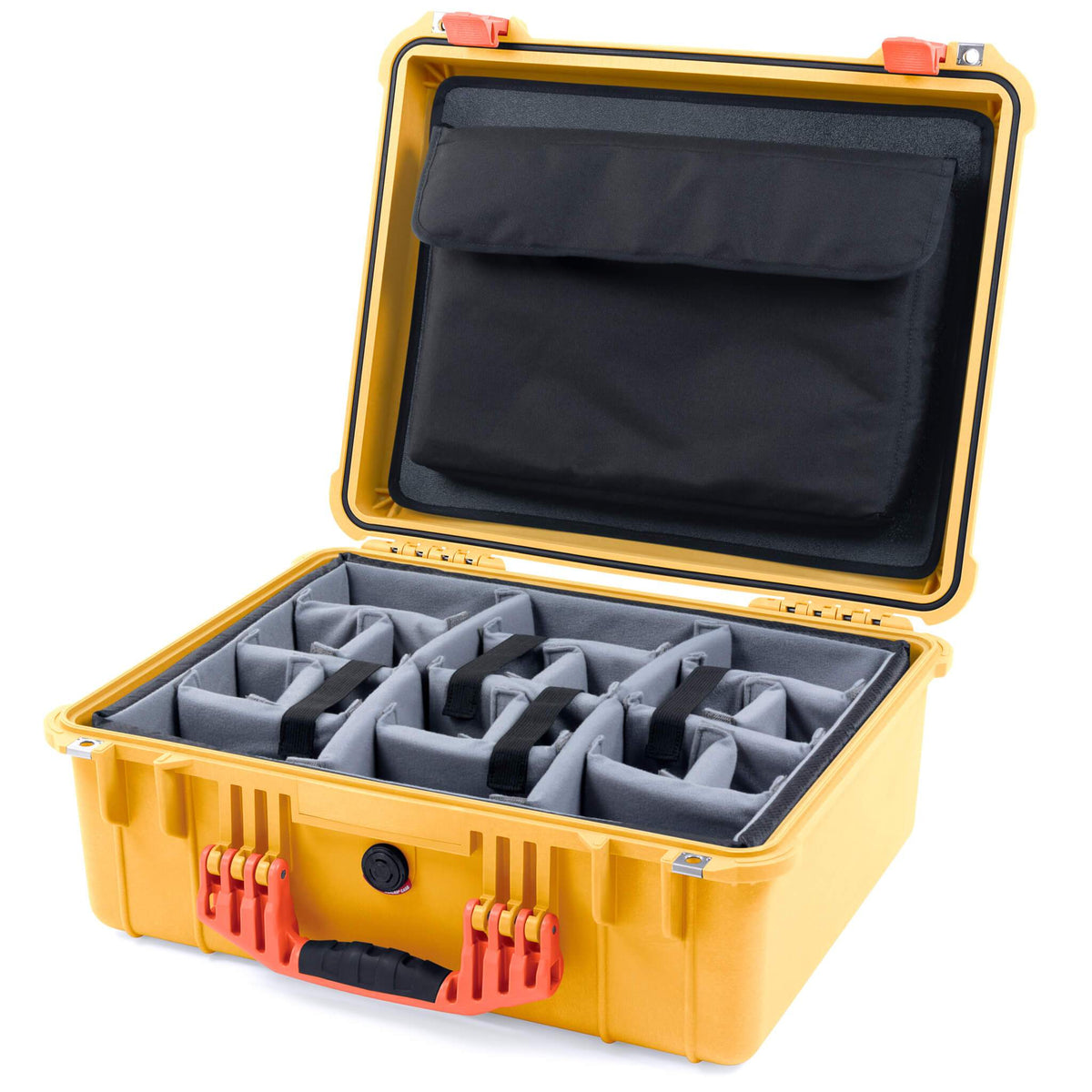 Pelican 1550 Case, Yellow with Orange Handle &amp; Latches Gray Padded Microfiber Dividers with Computer Pouch ColorCase 015500-0270-240-150